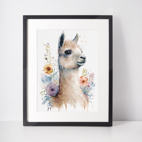 Watercolor Cute Floral Llama Wall Art Illustration Print Poster Card Unframed - Picture 2 of 6